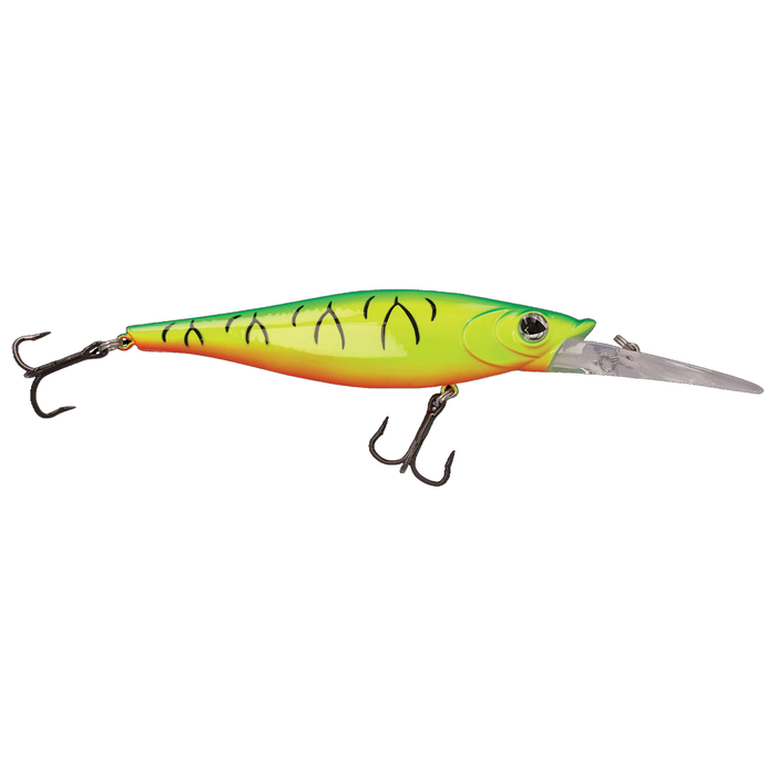 Walleye Nation Creations Reaper fishing lure in bright green and yellow with black markings, featuring two treble hooks and a clear plastic diving lip for deep-water fishing.