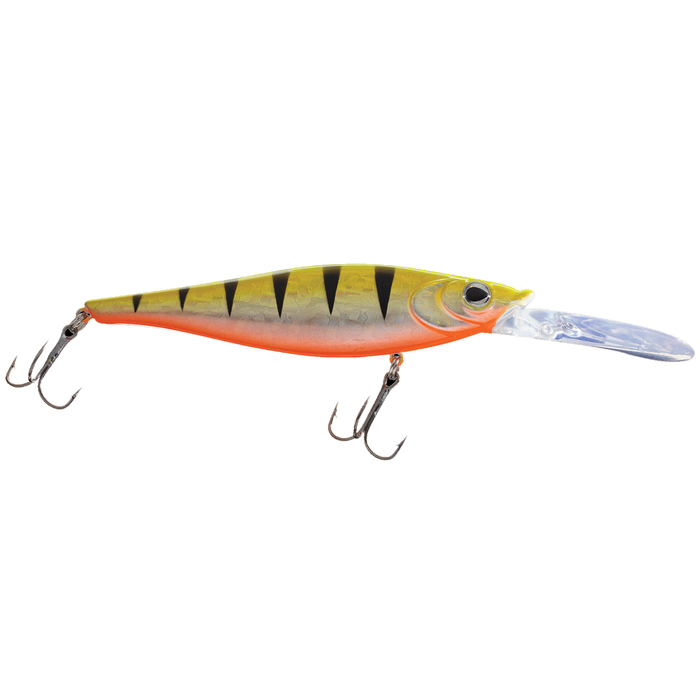 Walleye Nation Creations Reaper fishing lure with a yellow and orange body, black vertical stripes, two treble hooks, and a clear diving lip designed for fishing tackle use.