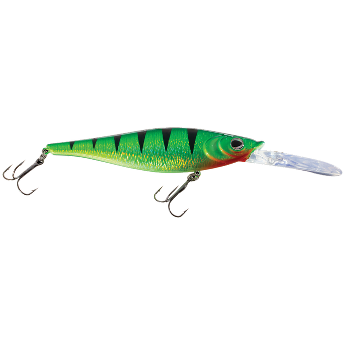 Walleye Nation Creations Reaper fishing lure in green and yellow with black stripes, featuring two treble hooks and a clear diving lip for freshwater fishing.
