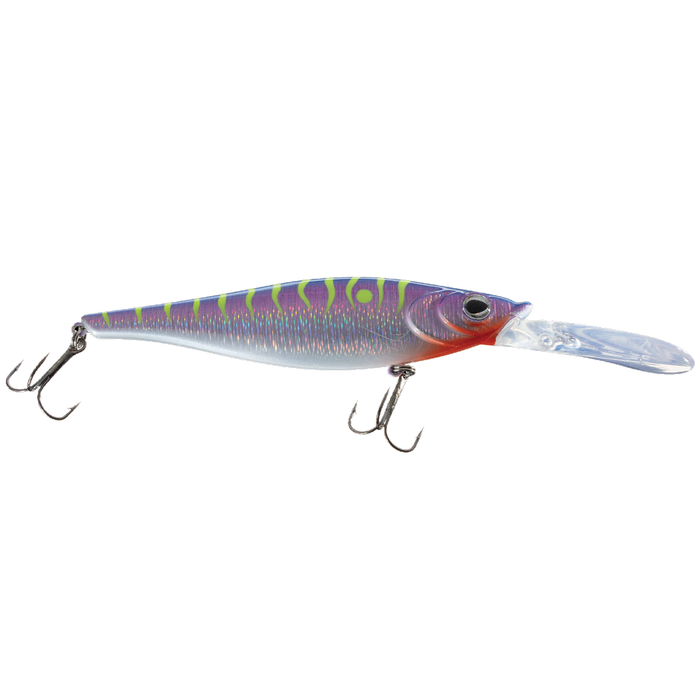 Walleye Nation Creations Reaper fishing lure with a purple and green patterned body, realistic eye detail, clear diving lip, and two treble hooks for effective fishing tackle.