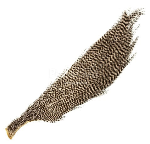 Wapsi Ewing Half Capes in natural grizzly pattern, featuring long, thin feathers with black and white barring, used for crafting fishing lures and tackle.