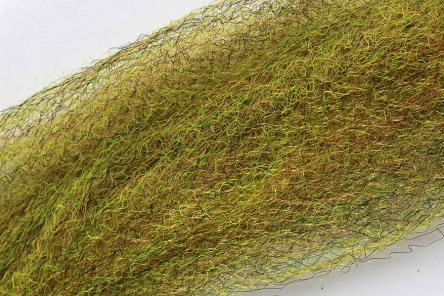 Close-up of olive and brown textured fibers used for fly tying, showing the detailed, wispy strands of Wapsi Fuzzy Fiber fishing tackle material.