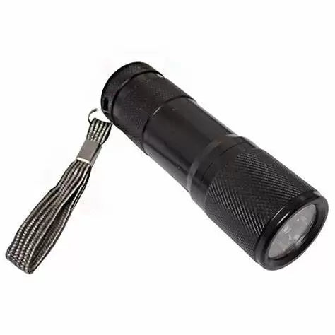 Compact black handheld flashlight with textured grip and attached wrist strap, designed as a Wapsi UV Light for fishing tackle and marine electronics use.