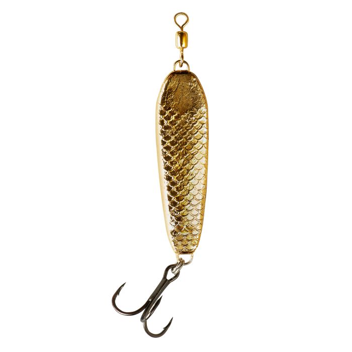 War Eagle Jiggin' Spoon featuring a gold metallic finish with scale texture and a sharp treble hook, designed for effective fishing tackle use.