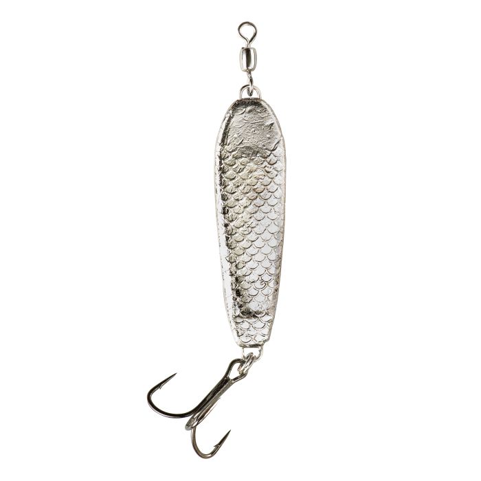 War Eagle Jiggin' Spoon in shiny nickel finish with textured scale pattern, featuring a treble hook and swivel for fishing tackle use targeting musky and other game fish.