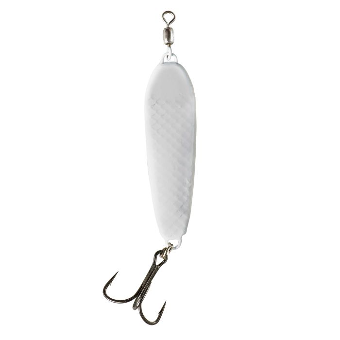 War Eagle Jiggin' Spoon fishing lure in white with a textured metal body, swivel attachment, and sharp treble hook for effective fishing tackle use.