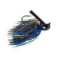 War Eagle Jiu-Jigsu Flipping Jig fishing lure featuring black and blue skirt strands with a sharp hook and weed guard for effective freshwater fishing tackle.