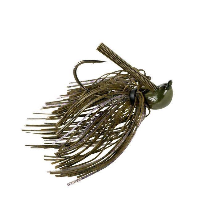 War Eagle Jiu-Jigsu Flipping Jig fishing lure with olive green weighted head, sharp hook, and skirted strands in natural colors designed for effective musky and freshwater fishing tackle.