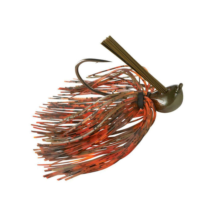 War Eagle Jiu-Jigsu Flipping Jig with a sharp hook, olive green head, and multi-colored brown and orange skirt designed for effective fishing tackle use.