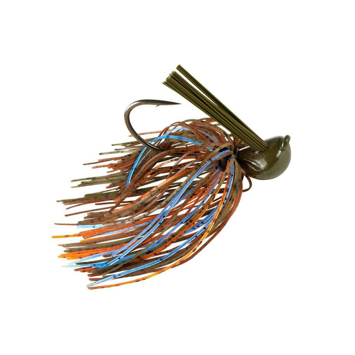 War Eagle Jiu-Jigsu Flipping Jig featuring a curved hook, olive head, and multi-colored brown, orange, and blue skirt, designed for musky fishing tackle.
