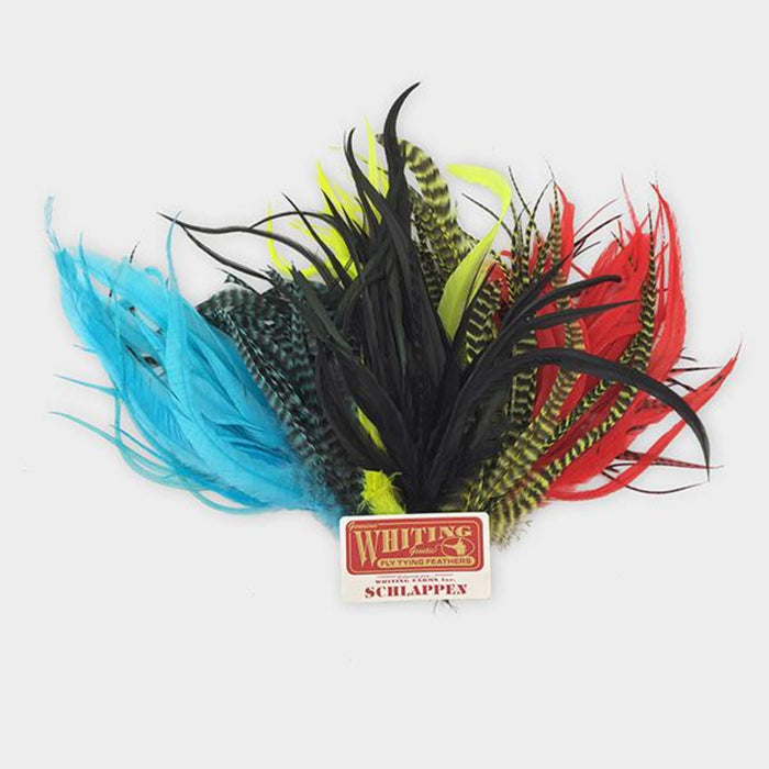 Whiting Schlappen 6"-10" Bundle featuring an assortment of colorful natural and dyed feathers in blue, black, yellow, green, and red, used for fly fishing tackle.