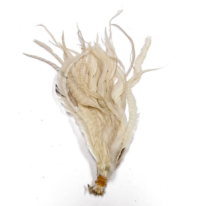 Whiting Schlappen 6"-10" Bundle featuring natural light beige and white textured feathers, ideal for crafting custom fishing lures and fly fishing tackle.