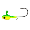 Widow Maker Tungsten Jig Heads in bright green and yellow with a black eye, featuring a sharp fishing hook designed for fishing tackle and lure applications.