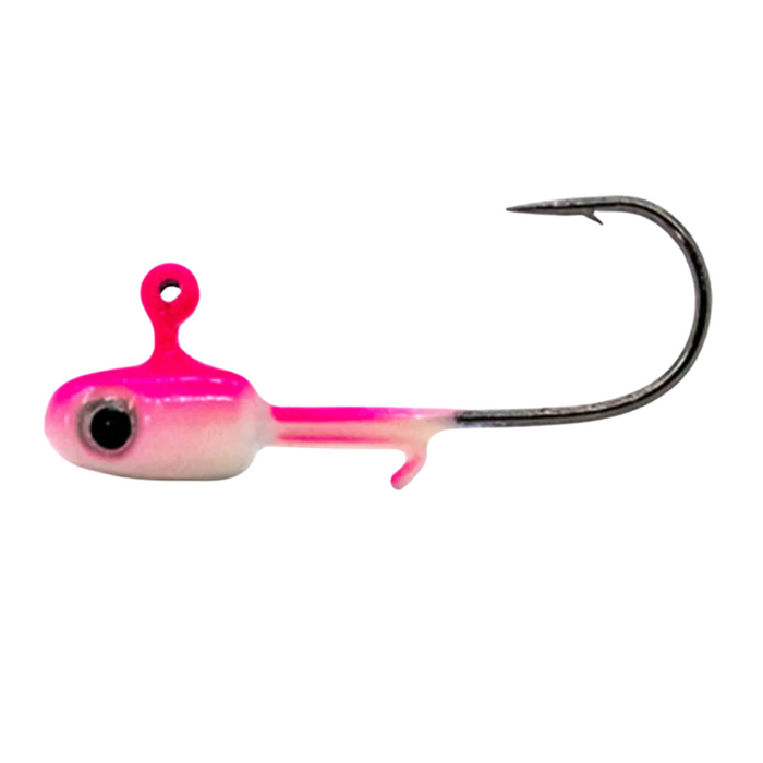 Widow Maker Tungsten Jig Heads in pink and white with a realistic black eye, featuring a sharp hook and a small barb for secure fishing tackle use.