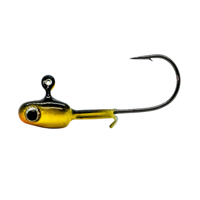 Widow Maker Tungsten Jig Heads in gold and black finish with a sharp hook and detailed eye, designed for effective fishing tackle use.