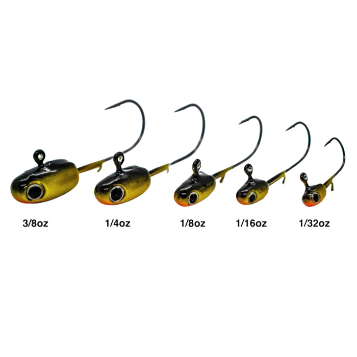 Widow Maker Tungsten Jig Heads in a range of sizes from 3/8 oz to 1/32 oz, featuring black and gold coloring with sharp fishing hooks designed for fishing tackle use.