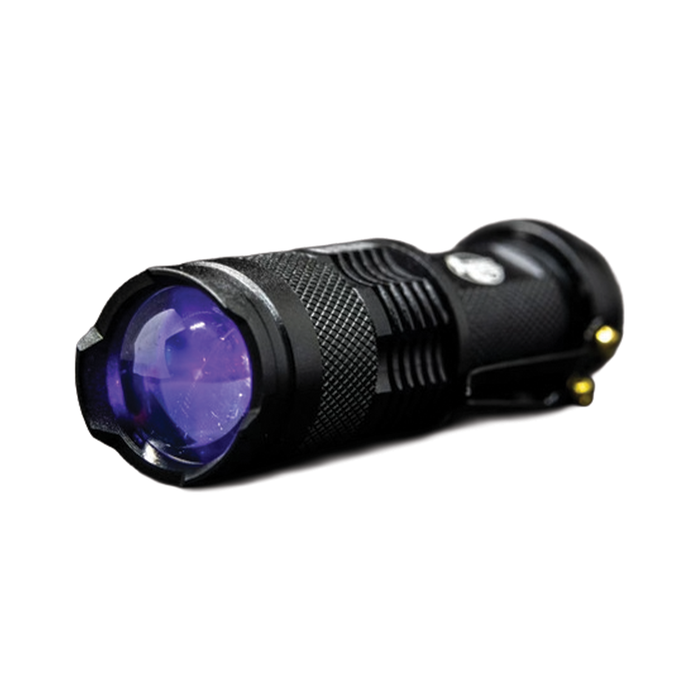 Compact black handheld flashlight with textured grip and a prominent lens, designed for use as the Widow Maker UV Light, ideal for fishing tackle and marine applications.