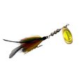 Windels Pike Harasser fishing lure with a gold spinner, silver beads, and multicolored feathered tail designed for musky and pike fishing.