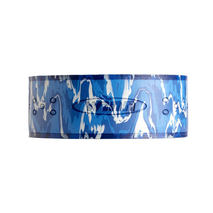 Winn 96" Superior Overwrap featuring a blue and white marbled pattern with reinforced eyelet holes, designed as a durable fishing rod grip for enhanced handling.