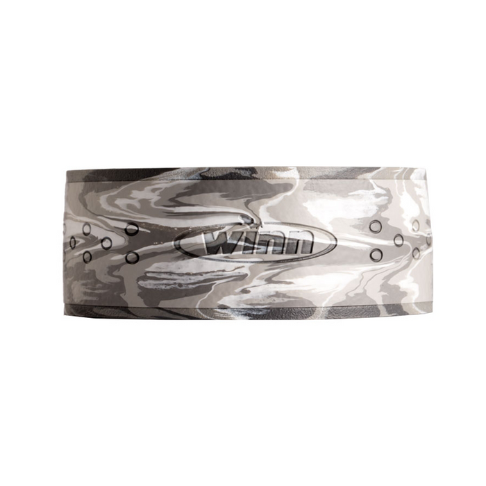 Winn 96" Superior Overwrap fishing rod grip with a camo pattern in shades of gray, featuring ventilation holes and embossed logo for enhanced comfort and durability.