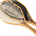 Wolf Moon "Brule" Net featuring a wooden handle with clear and black rubberized mesh nets designed for fishing, suitable for catching and safely handling fish.