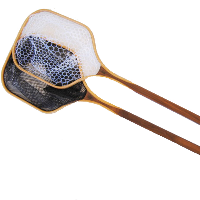 Two wooden-handled fishing nets, one with a white mesh and the other with a black mesh, both labeled Wolf Moon "Drifter" Net, designed for fishing tackle use.