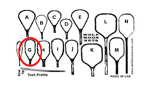 Diagram showing various shapes and sizes of fishing nets with the Wolf Moon Oxbow 10 inch Net highlighted in profile among options labeled A through N, illustrating different bow tip and tuck profiles.