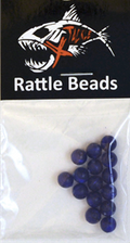 A clear plastic package containing small blue fishing tackle beads labeled "X Tackle Rattle Beads" with a logo featuring an aggressive fish above the text, suitable for enhancing musky fishing gear.