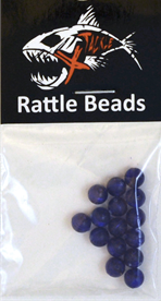 A clear plastic package containing small blue fishing tackle beads labeled "X Tackle Rattle Beads" with a logo featuring an aggressive fish above the text, suitable for enhancing musky fishing gear.