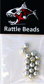 Small shiny silver fishing tackle beads for rattling, packaged under the name X Tackle Rattle Beads, designed to enhance fishing lures and attract fish.