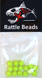 X Tackle Rattle Beads in fluorescent yellow-green color packaged for fishing tackle, designed to attract fish by creating rattling noise.