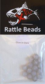 X Tackle Rattle Beads shown in glow-in-the-dark finish, designed for enhancing fishing tackle with noise and visibility for musky and ice fishing applications.