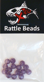 Small round purple beads in a clear bag labeled "X Tackle Rattle Beads," suitable for fishing tackle and enhancing lure attraction.