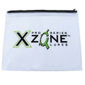 White waterproof zippered bag with black trim featuring a large X-Zone Lures logo in green and black, designed for organizing fishing tackle and gear, labeled as X-Zone Bait Bag.