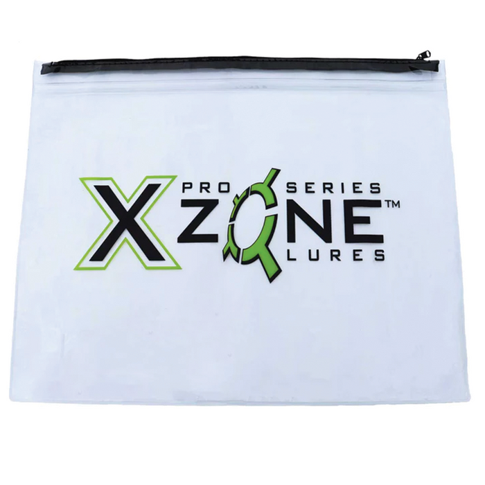 White waterproof zippered bag with black trim featuring a large X-Zone Lures logo in green and black, designed for organizing fishing tackle and gear, labeled as X-Zone Bait Bag.
