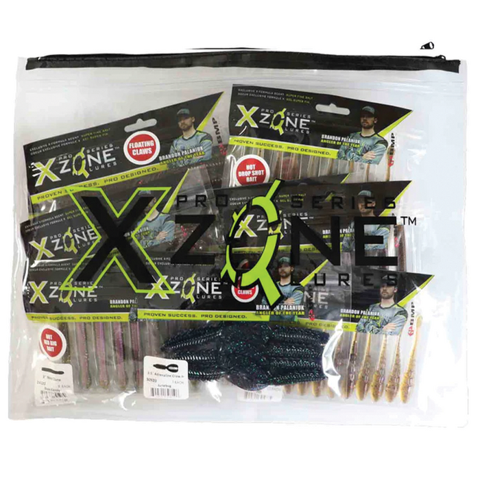 Clear plastic X-Zone Bait Bag containing multiple packages of soft fishing lures in different colors and sizes with branded labels, designed for fishing tackle storage.