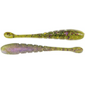 Two soft plastic fishing lures in olive green with purple and black flecks, designed as X-Zone Pro Finesse Slammer for fishing tackle applications.