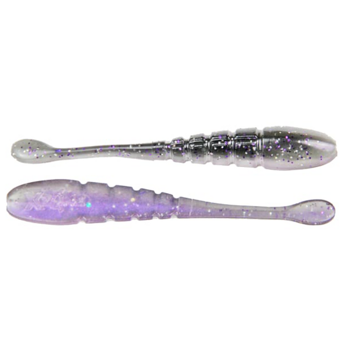 Two translucent fishing lures with purple and silver glitter details, designed with segmented bodies and slender paddle tails, named X-Zone Pro Finesse Slammer.