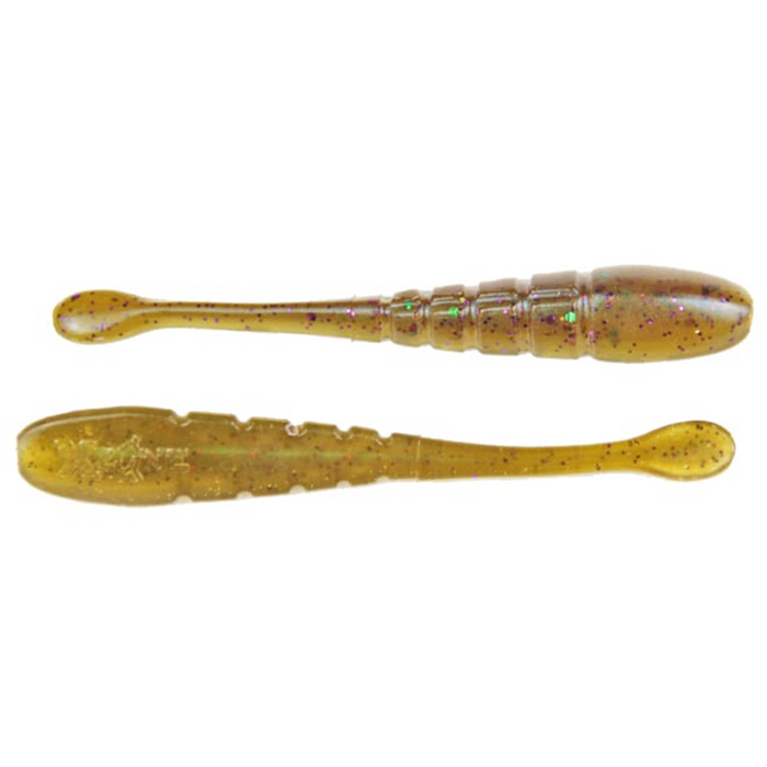 Two soft plastic fishing lures in translucent green with purple and green flecks, designed for fishing tackle with a ribbed body and paddle tails, named X-Zone Pro Finesse Slammer.