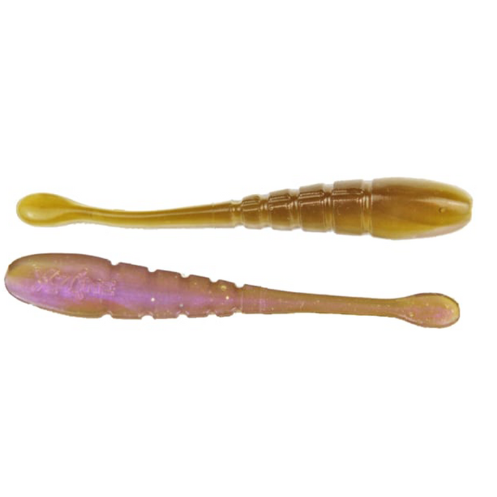 Two soft plastic fishing lures in shades of brown and purple with ribbed bodies and paddle tails, designed as the X-Zone Pro Finesse Slammer for fishing tackle use.