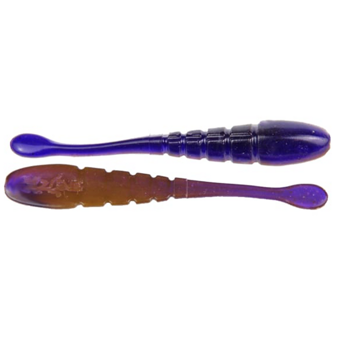 Two soft plastic fishing lures in purple and brown colors with segmented bodies and paddle tails, known as X-Zone Pro Finesse Slammer, designed for finesse fishing techniques.