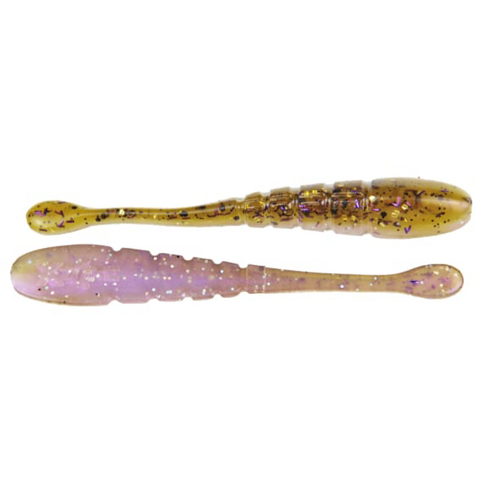 Two soft plastic fishing lures in natural translucent colors with flecks of purple and black, designed as X-Zone Pro Finesse Slammer for fishing tackle.