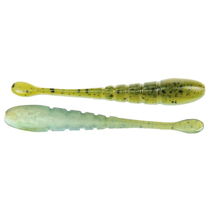 Two soft plastic fishing lures in greenish hues with black speckles, featuring ribbed and paddle tail designs, identified as X-Zone Pro Finesse Slammer fishing tackle.