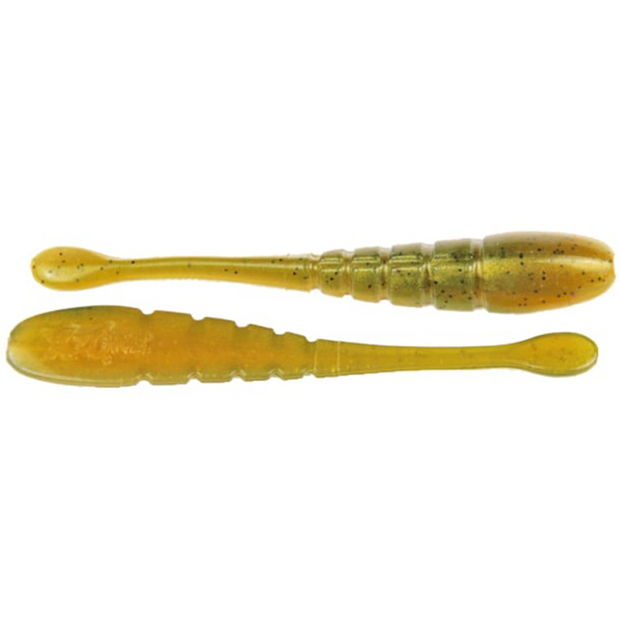 Two olive green soft plastic fishing lures with segmented bodies and paddle tails designed for finesse fishing, identified as X-Zone Pro Finesse Slammer.