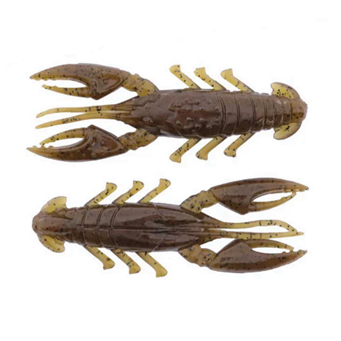 Two brown and yellow soft plastic fishing lures shaped like crawfish with textured bodies and detailed claws, labeled as X-Zone Scented Stealth Craw.