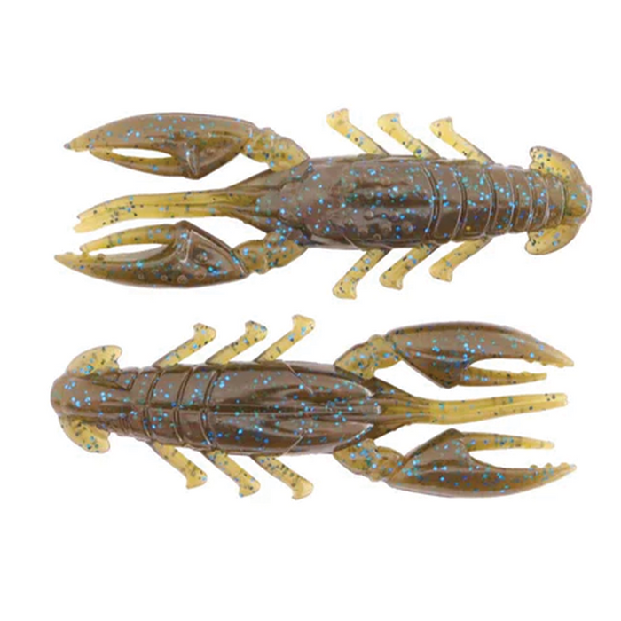 Two realistic soft plastic fishing lures designed to resemble crawfish with brown and yellow coloring and blue specks, called X-Zone Scented Stealth Craw, used for fishing tackle.