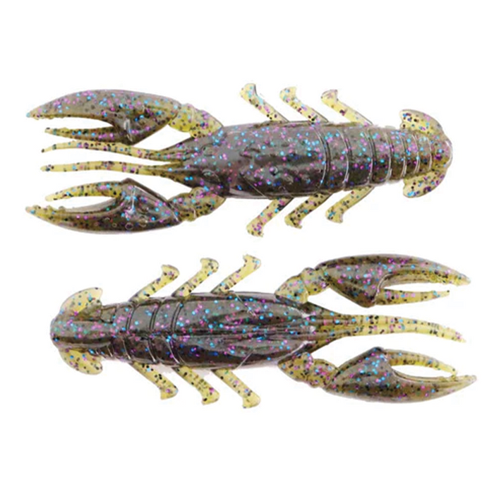 Two X-Zone Scented Stealth Craw fishing lures designed to resemble crawfish, featuring segmented bodies with claws and multiple legs, speckled with reflective blue and purple flecks.
