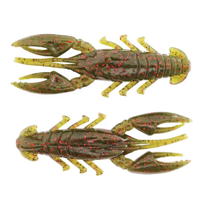 Two realistic greenish-brown X-Zone Scented Stealth Craw fishing lures with red speckles designed to mimic crawfish for use in fishing tackle.