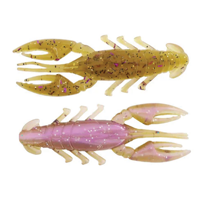 Two soft plastic fishing lures shaped like crawfish in amber and pink colors with glitter accents, designed as X-Zone Scented Stealth Craw for fishing tackle.