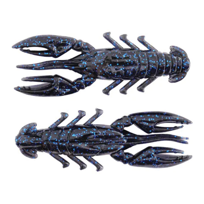X-Zone Scented Stealth Craw fishing lure in black with blue speckles, designed to mimic a crawfish with detailed claws and segmented body for realistic fishing tackle.